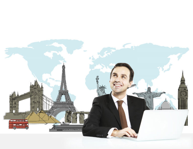 businessman sitting with laptop and dreaming at travel